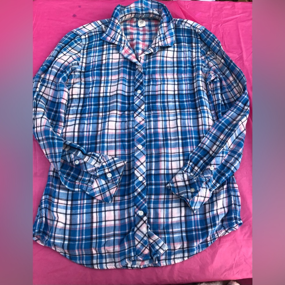 Pink blue white plaid shirt